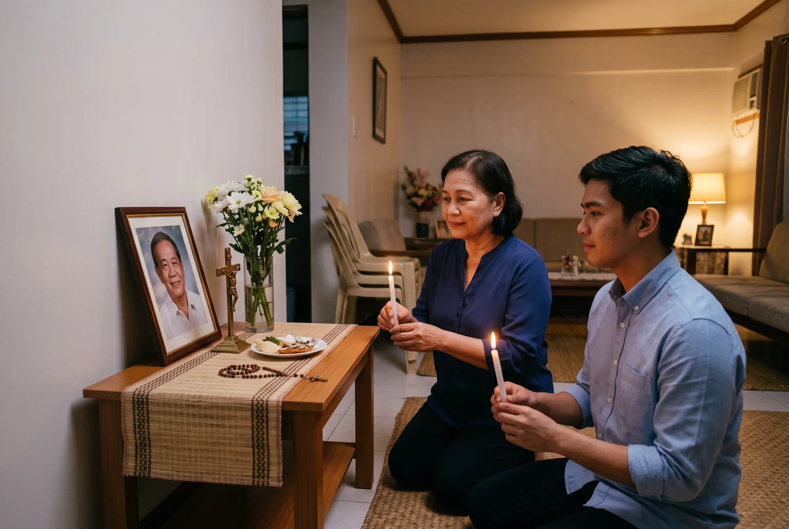 During the pasiyam, a small bouquet beside the candles says enough, restraint fits the quiet rhythm of nightly prayer better than a grand display.
