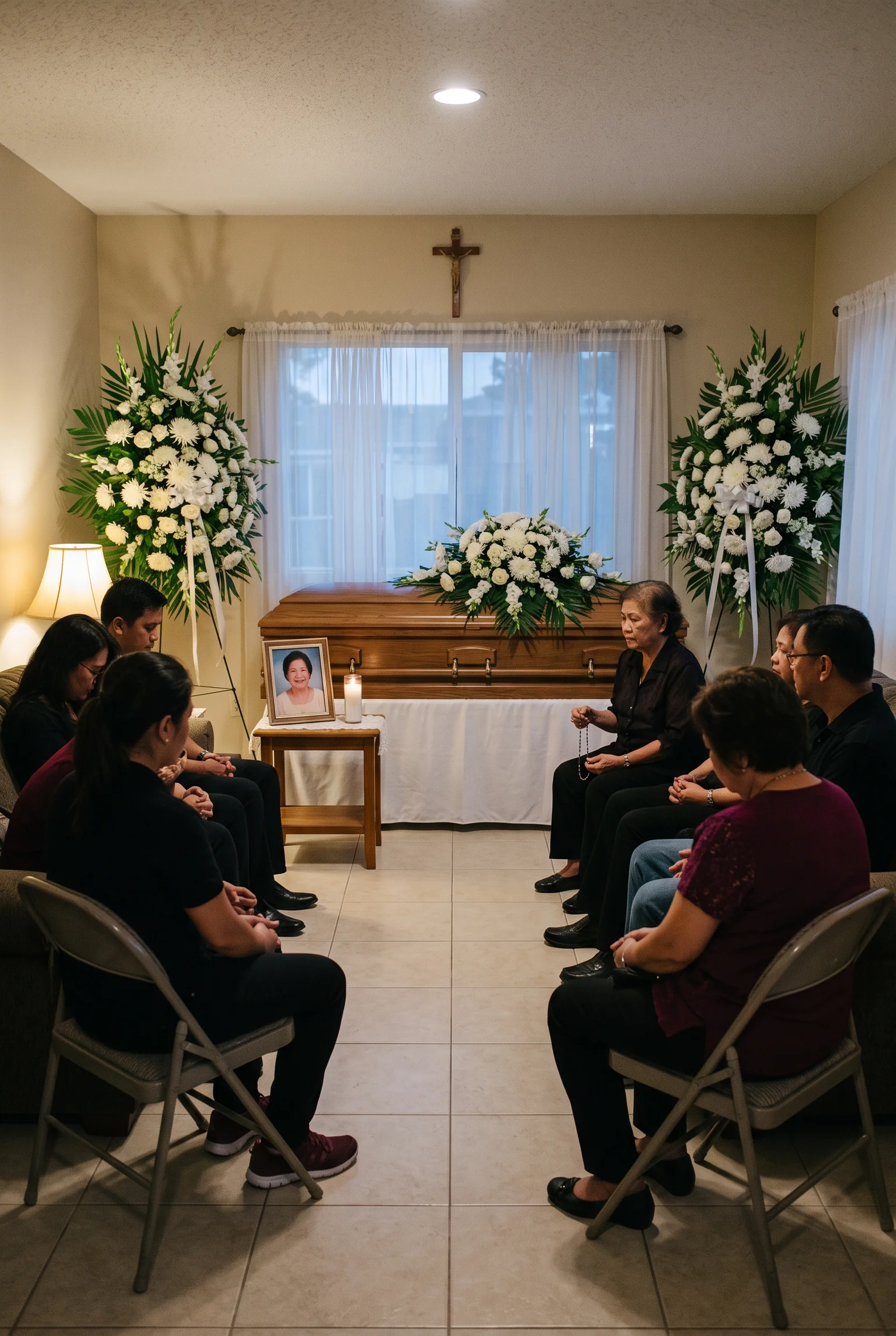 In Philippine wakes, tall white floral standing sprays beside the casket speak a quiet language of respect that families feel long before any words are exchanged.