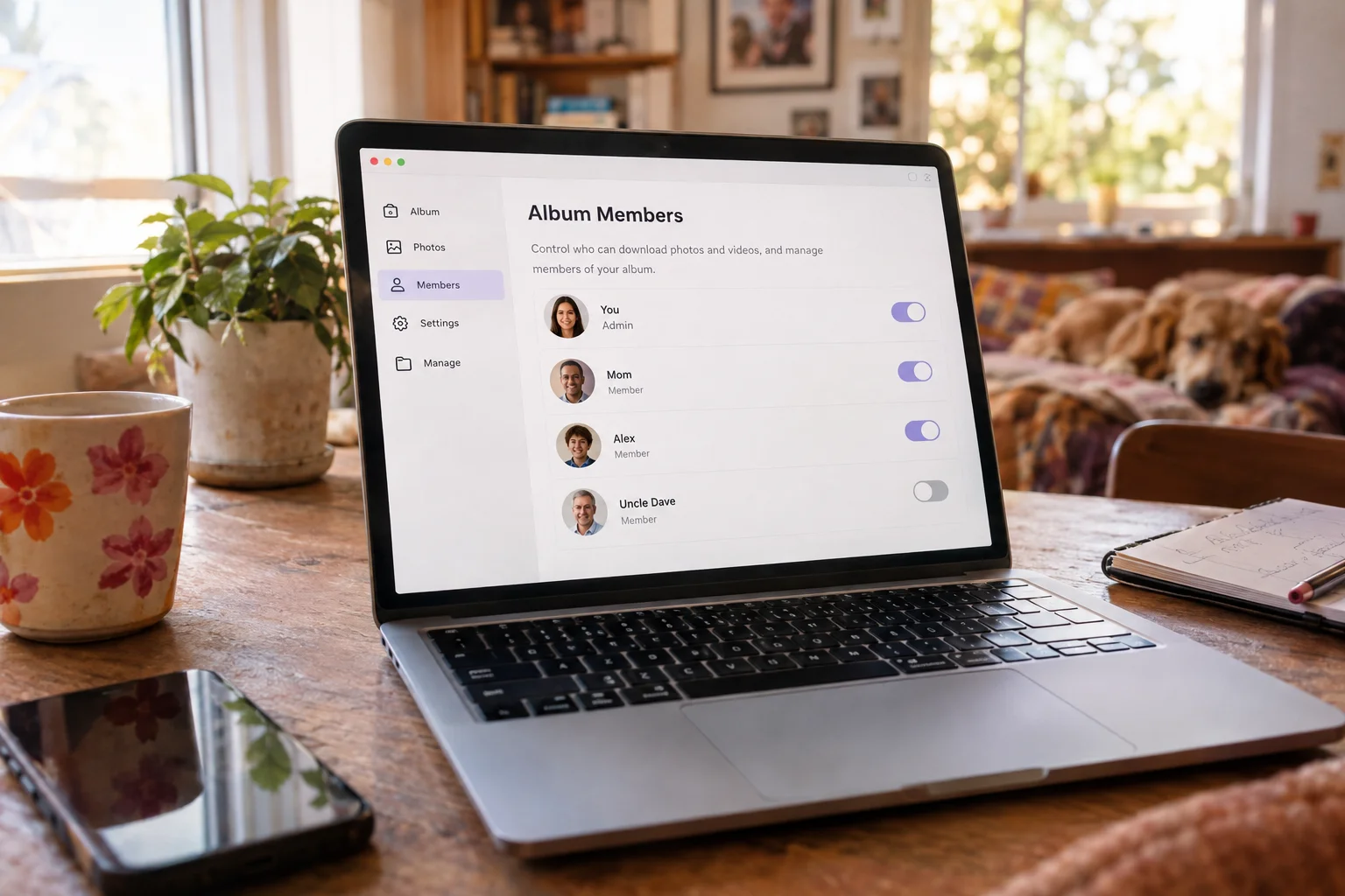 Laptop displaying an illustrative album members settings screen with sharing controls.