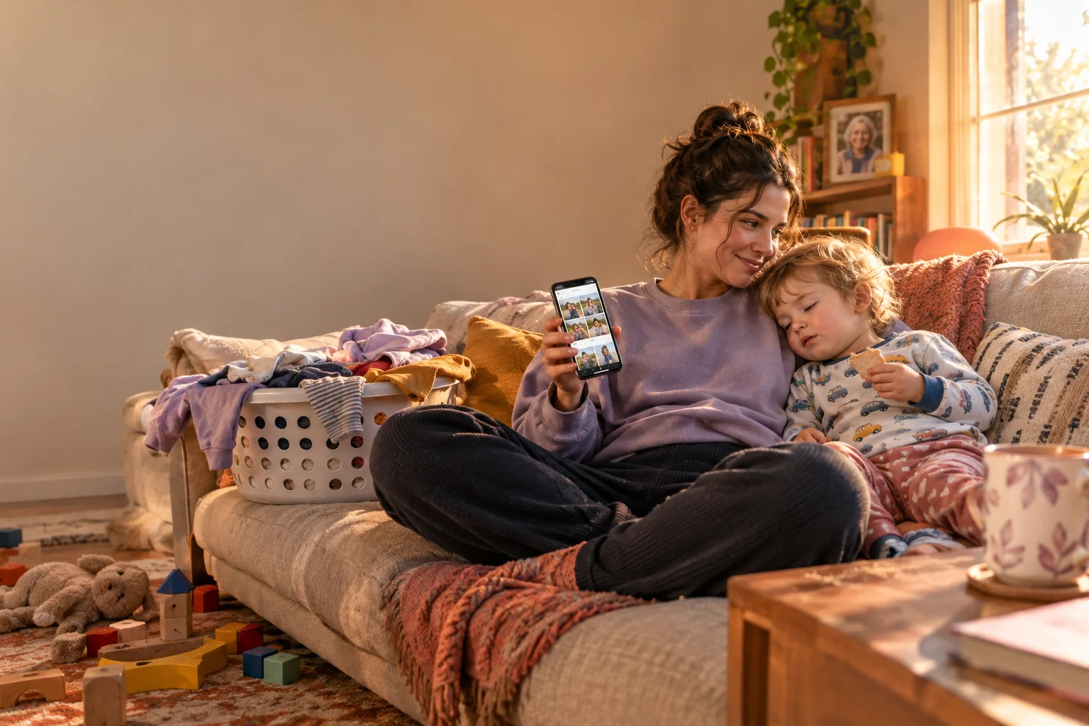 Parent holding a phone on a couch with a sleepy toddler.