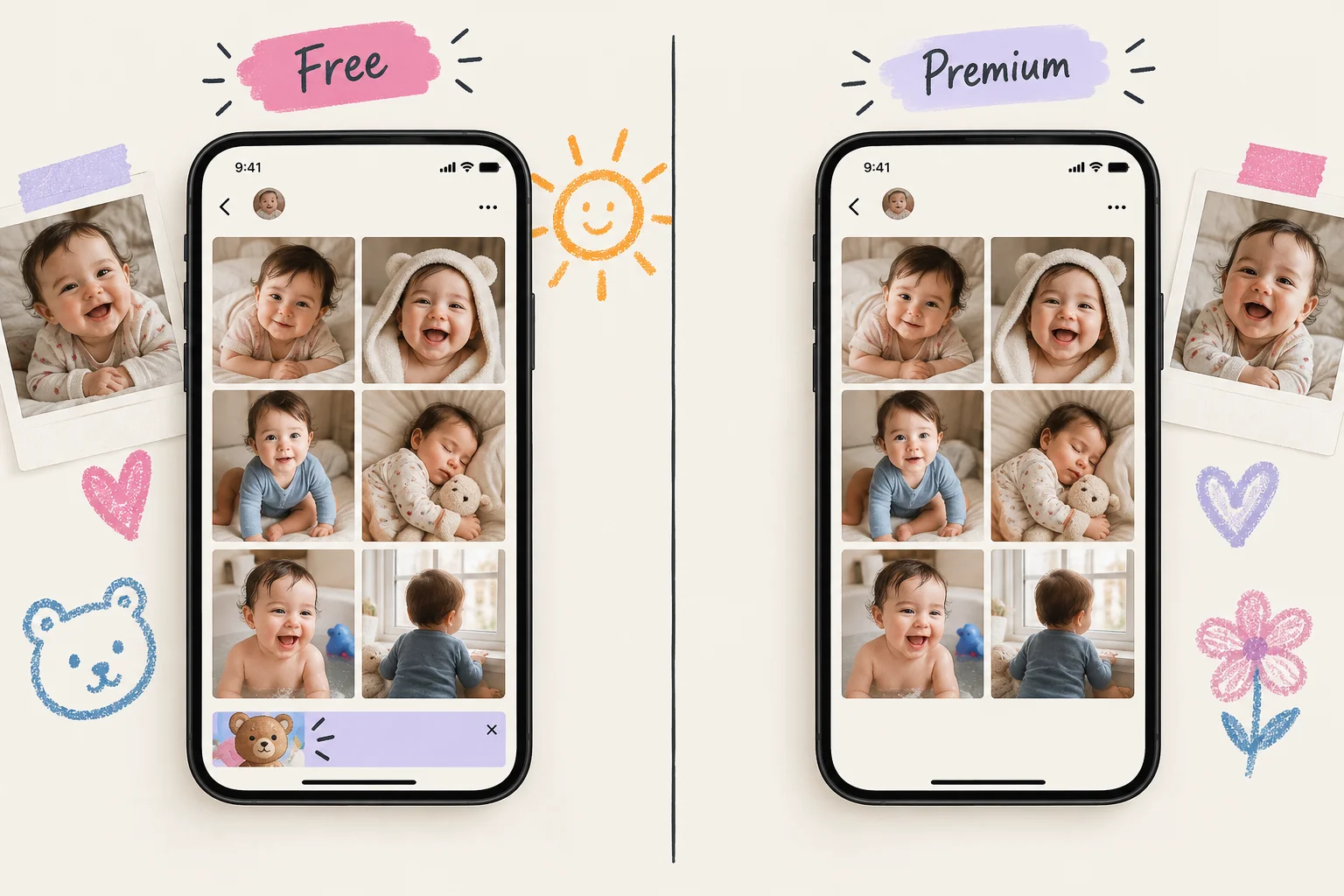 Two illustrated phones labeled Free and Premium displaying the same baby photo grid.