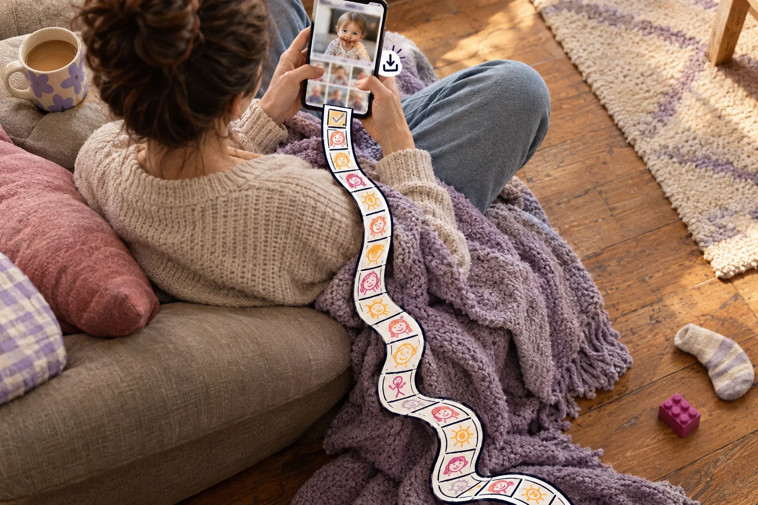 Parent using a phone on a sofa, with an illustrated strip of photo frames trailing to the floor.