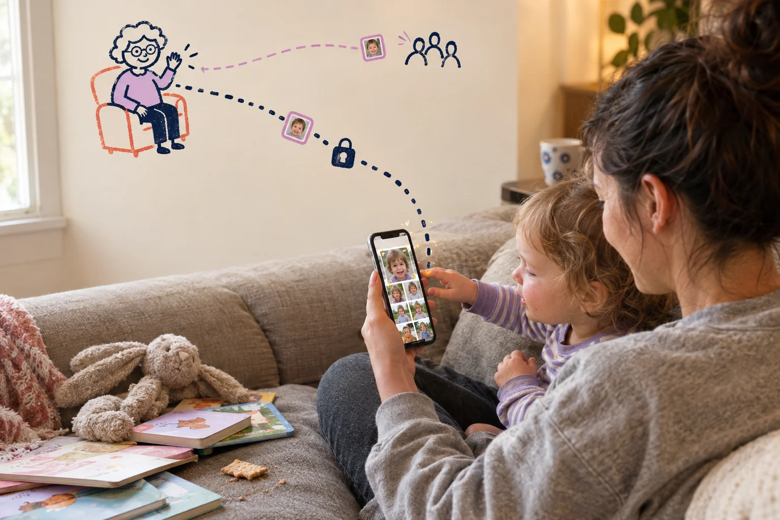 Parent and toddler on a couch with an illustrated sharing path connecting their phone to a grandmother.