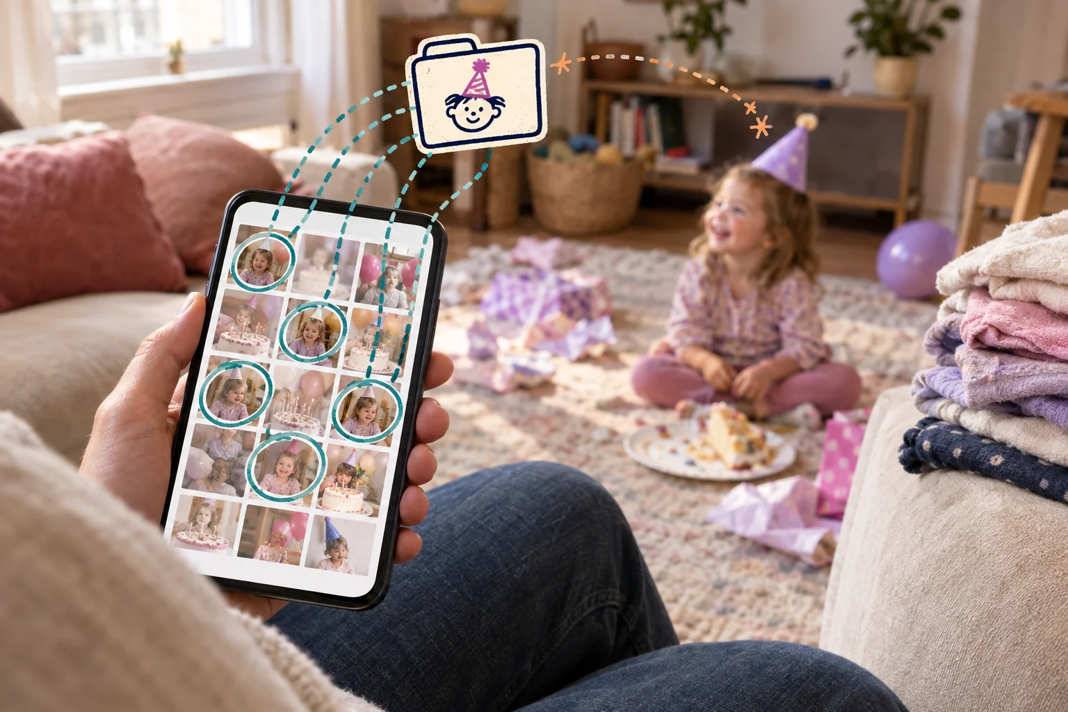 Phone showing toddler birthday photos, with illustrated face circles leading to a child's photo folder.