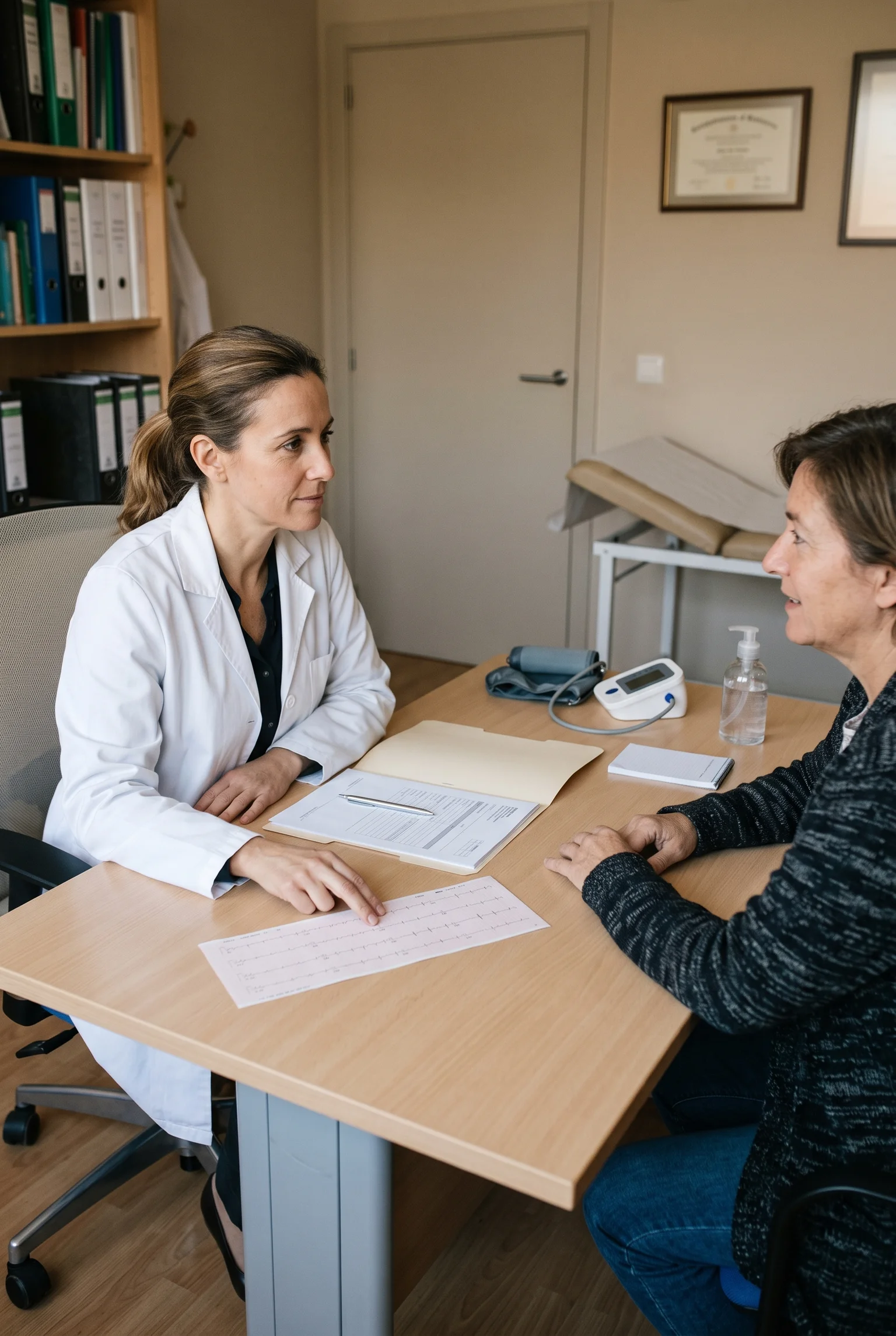 Una médica conversa con una persona adulta junto a un electrocardiograma impreso y una carpeta de antecedentes.