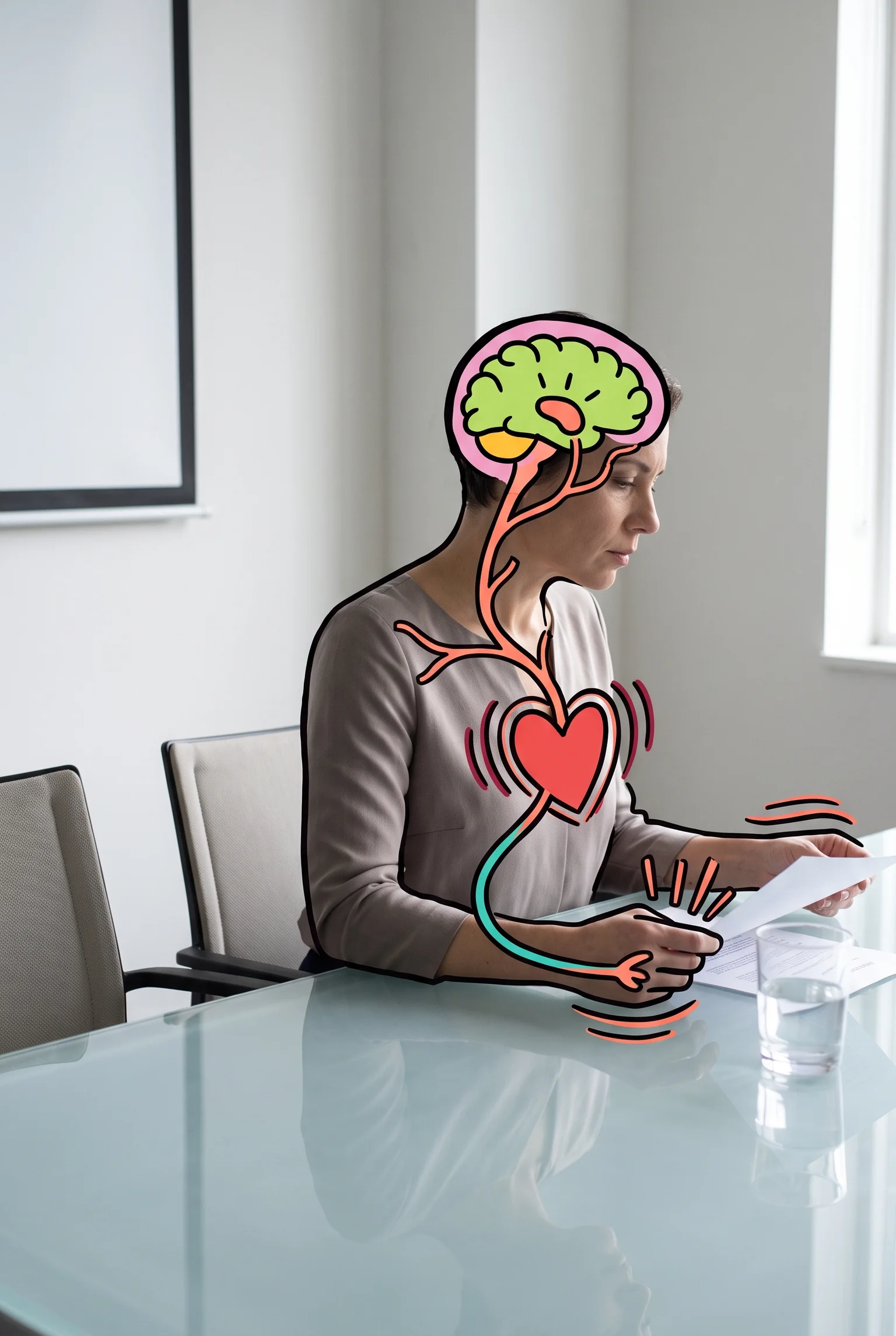 Persona tensa lee notas en una sala de juntas, con un dibujo de cerebro, amígdala y corazón acelerado.