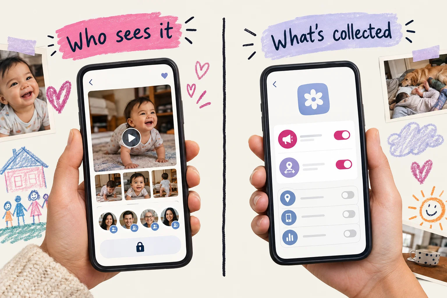 An illustration contrasts a private family video feed with a separate screen of data-collection categories.