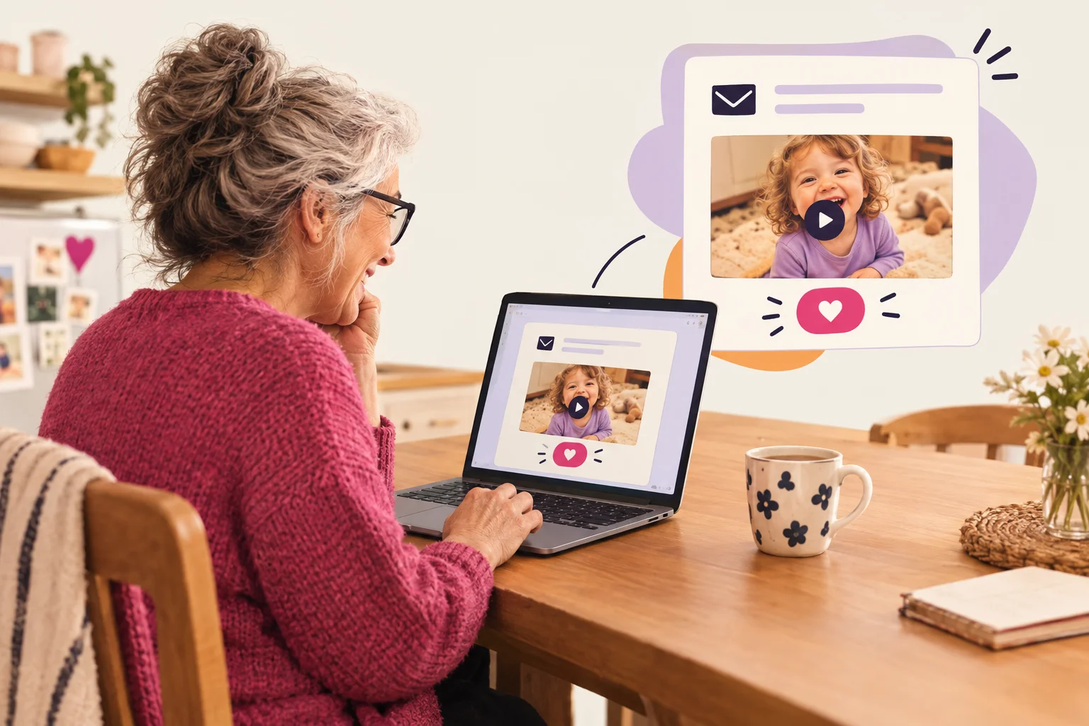A grandmother uses a laptop beside an illustrated email update with a child’s video and reaction icons.