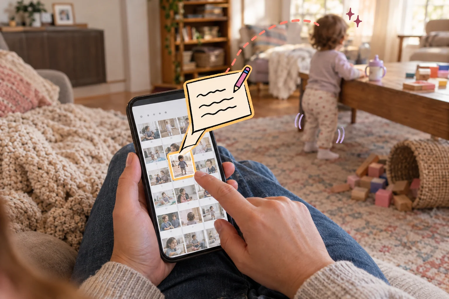A parent holds a phone showing family photos, with a drawn note card above it and a toddler in the background.
