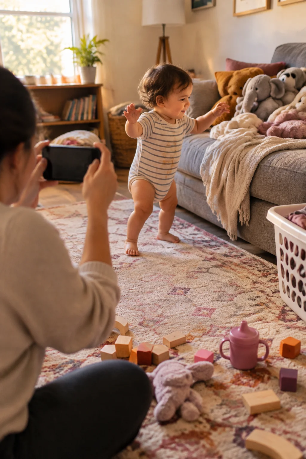 A seated parent films a toddler walking toward a sofa amid toys and laundry.