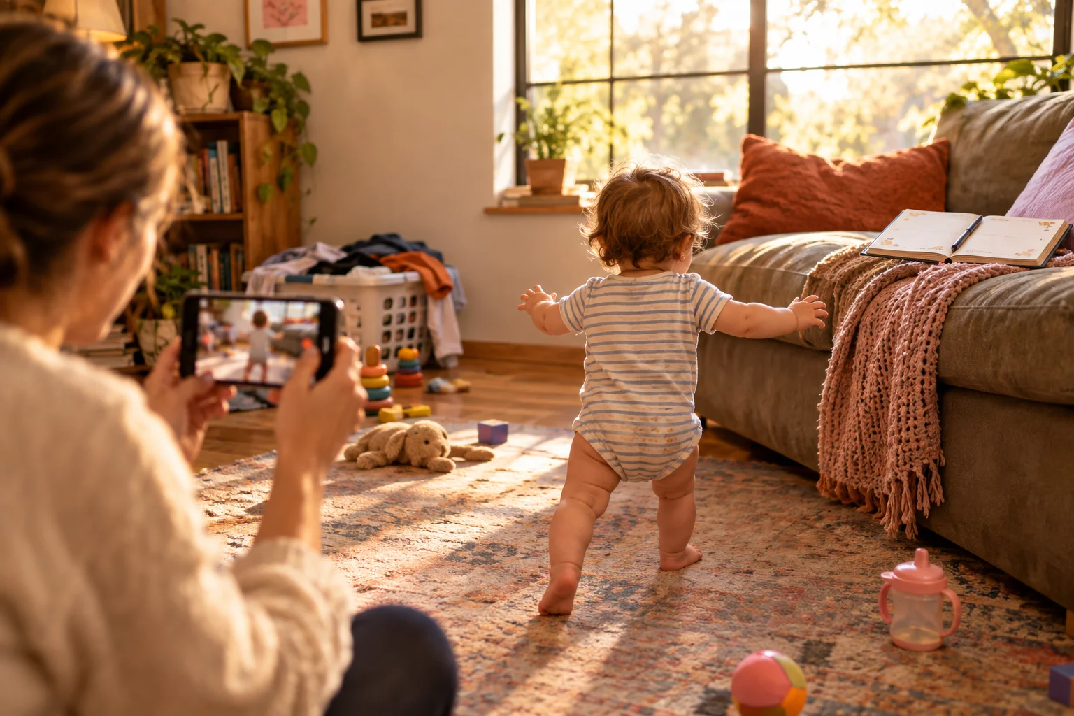 A parent films a toddler taking steps toward a sofa in a sunlit living room.