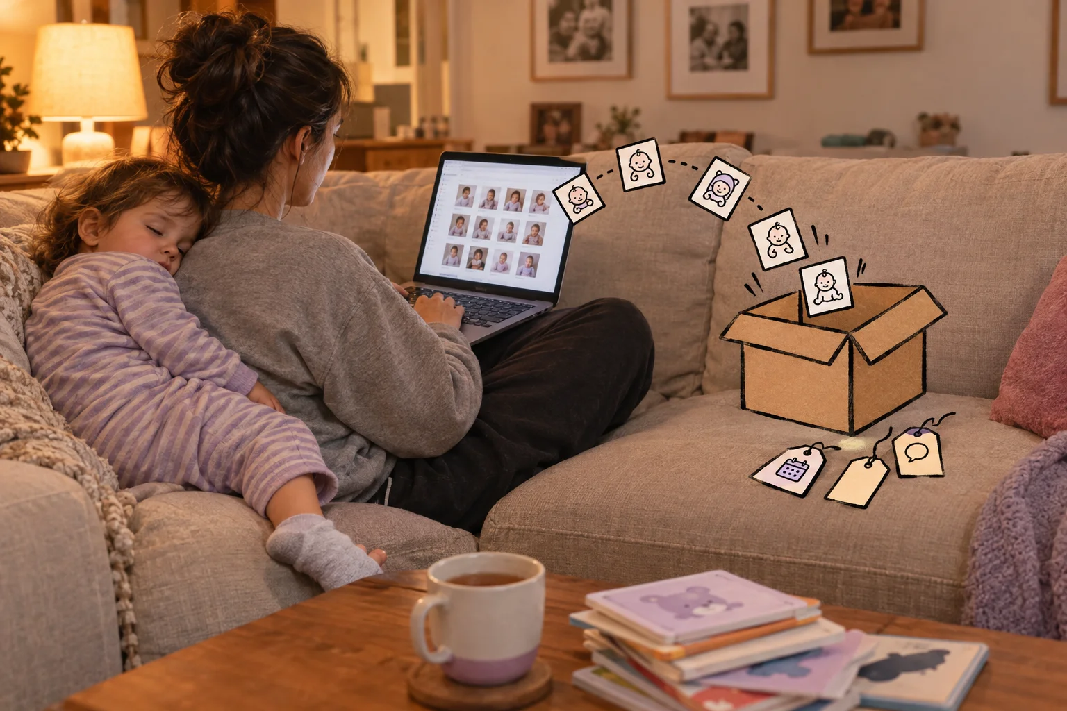A parent uses a laptop with a sleeping child on their shoulder, beside drawn photos moving into a box and loose tags.