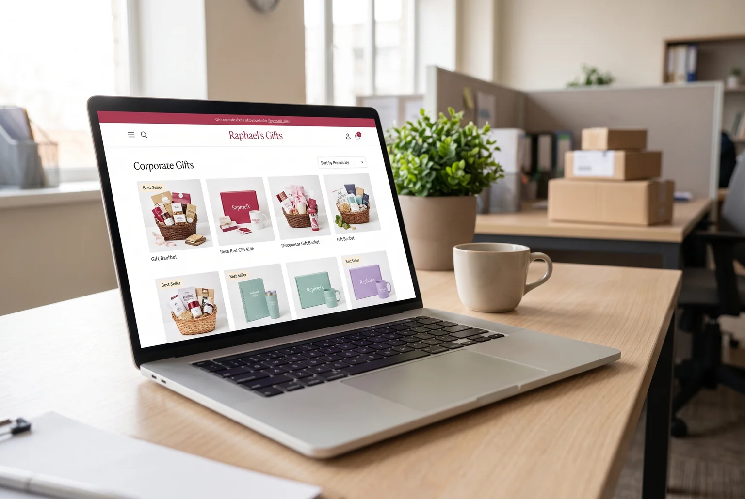 With bestseller sorting built into the corporate category page, Raphael's Gifts turns a repeat ordering chore into a quick, confident decision.