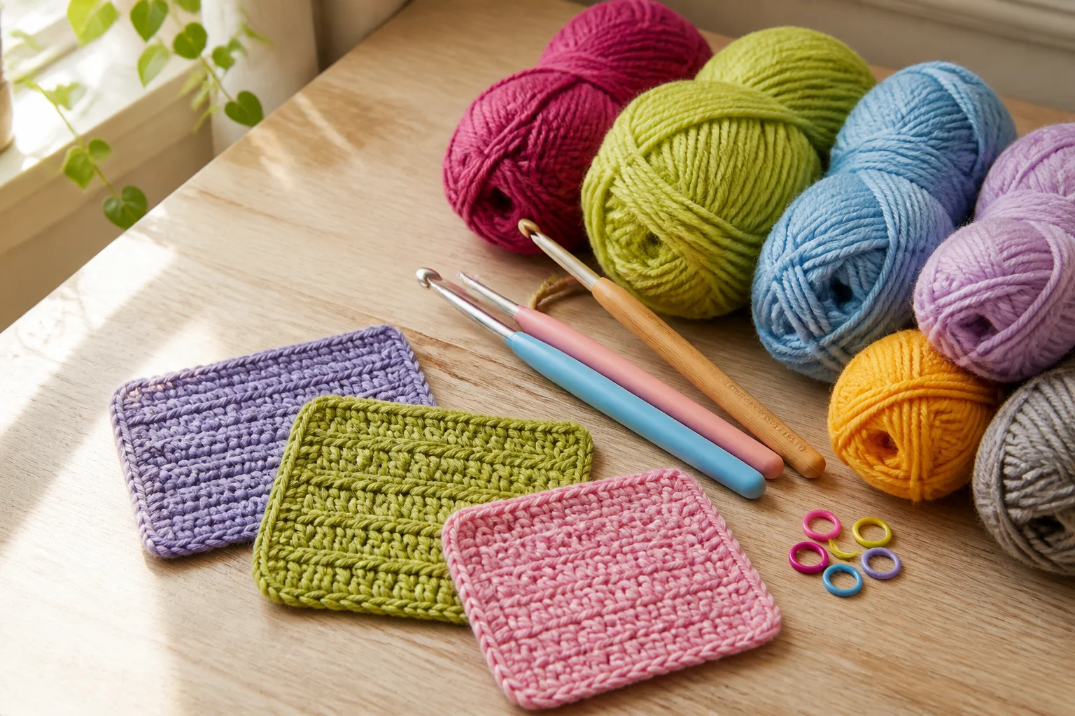 Editorial illustration of yarn, hooks, locking stitch markers, and practice swatches.