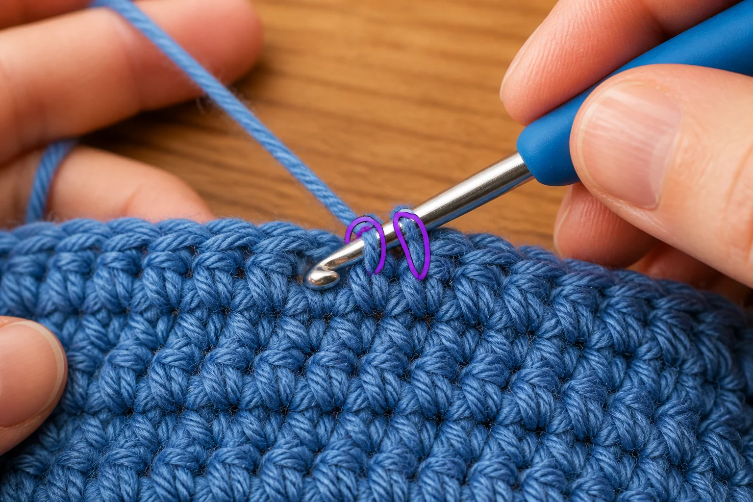 Editorial illustration of a blue swatch, wooden hook, and locking stitch markers.