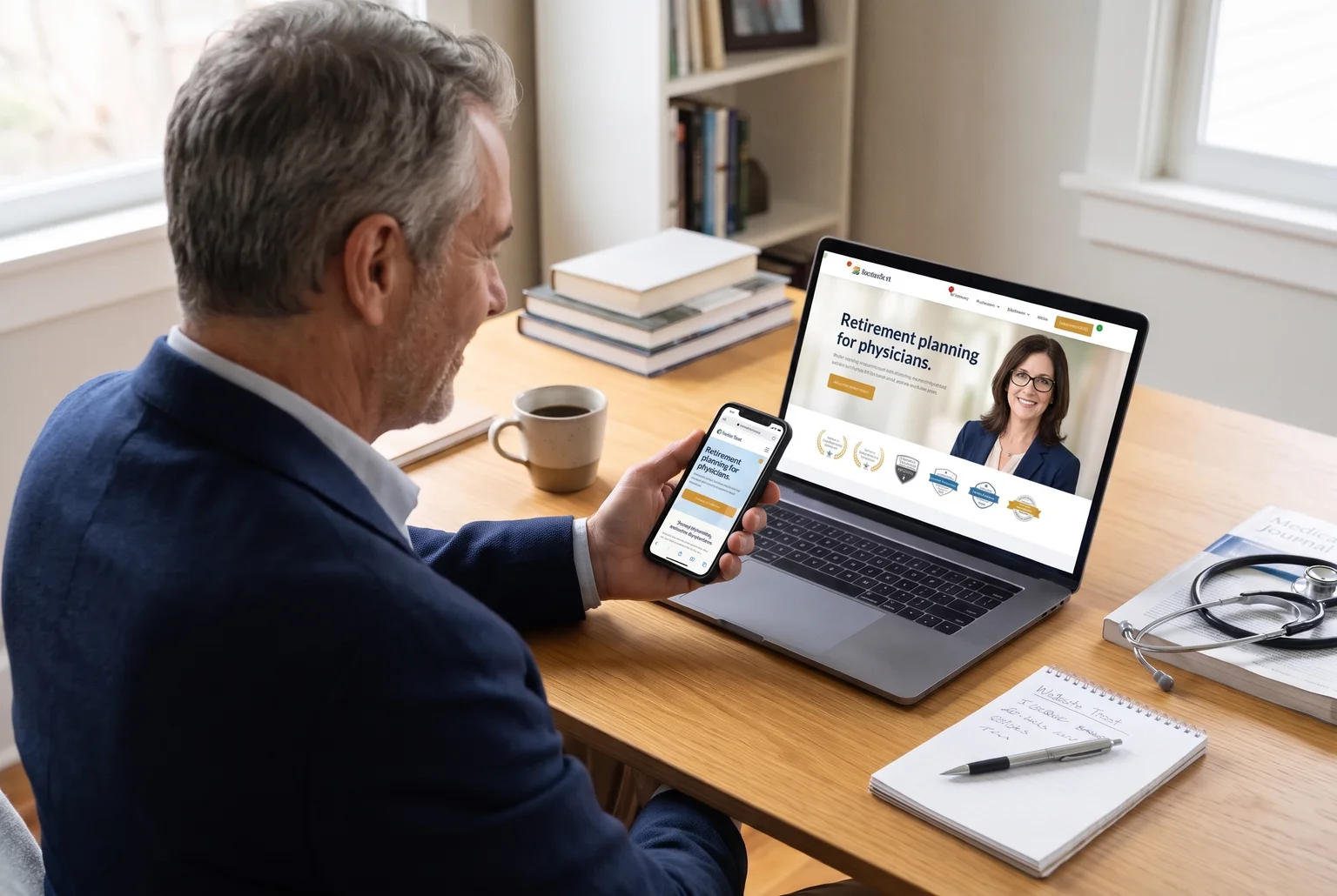 Physician in a navy blazer reviewing an advisor homepage on a smartphone with a laptop showing the same layout beside it