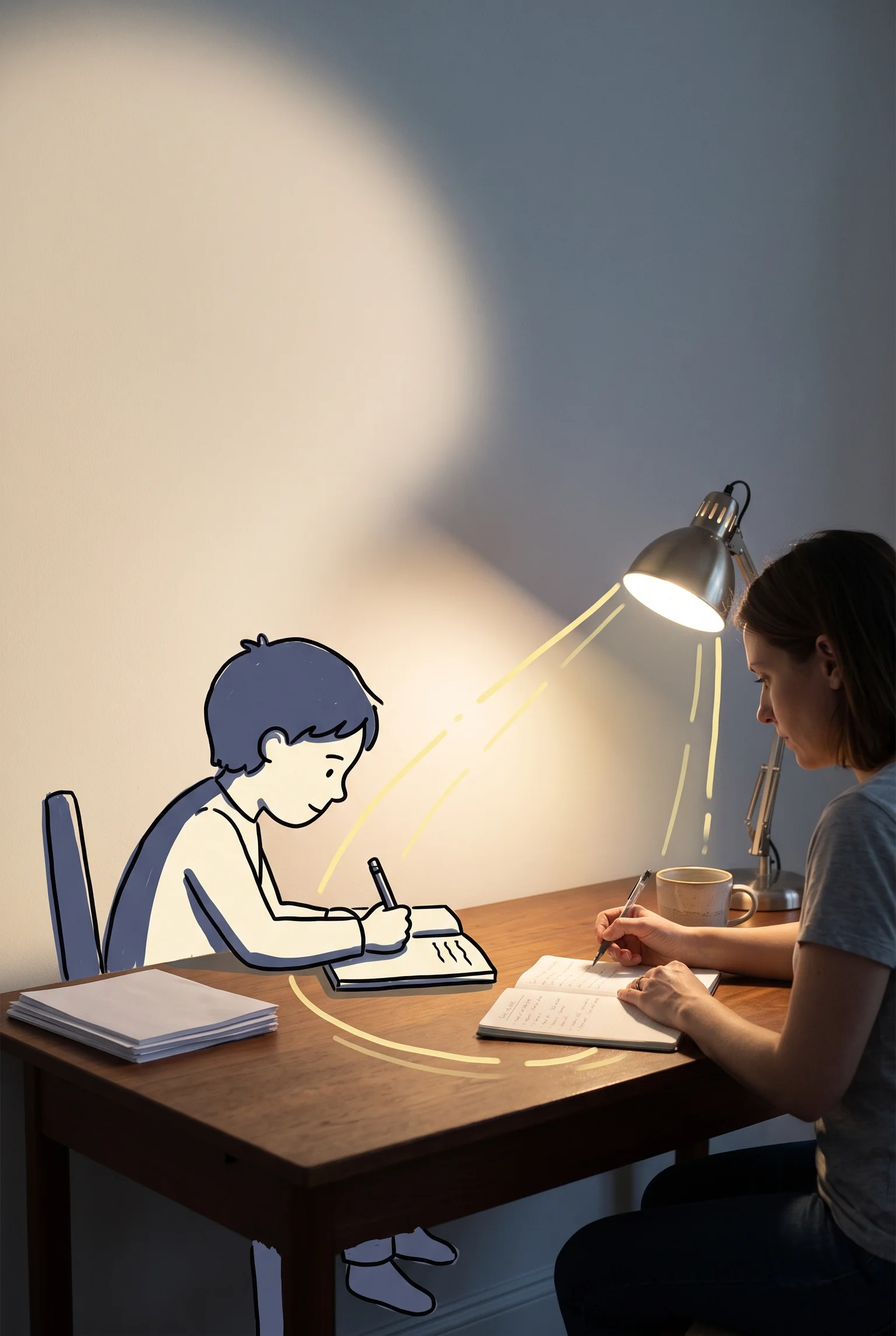 Adulta trabaja de noche en una mesa, con un niño dibujado haciendo tarea dentro de la sombra de la pared.