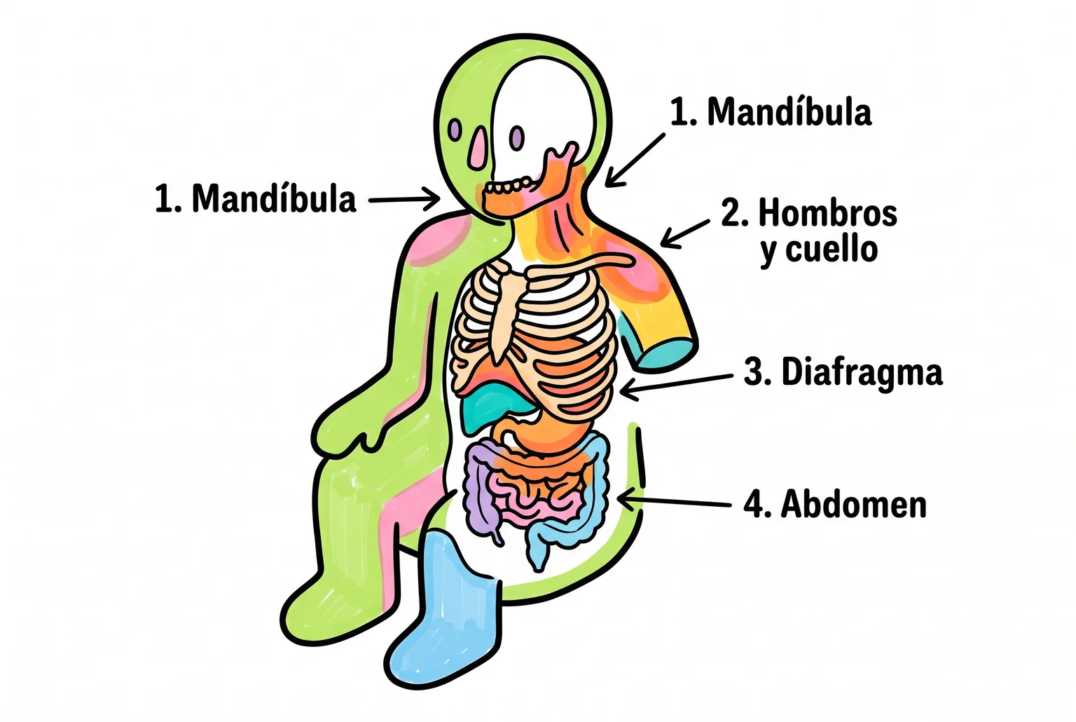 Persona sentada con mandíbula, hombros, diafragma y abdomen resaltados como zonas de tensión.