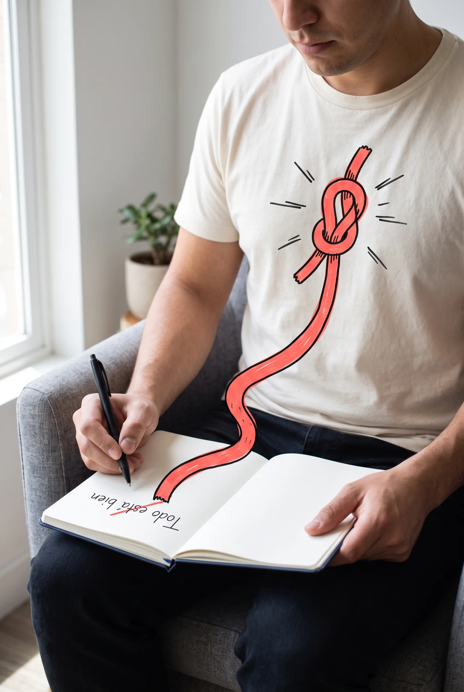 Persona mira una libreta sobre sus piernas con «Todo está bien» medio tachado y un nudo rojo sobre el pecho.