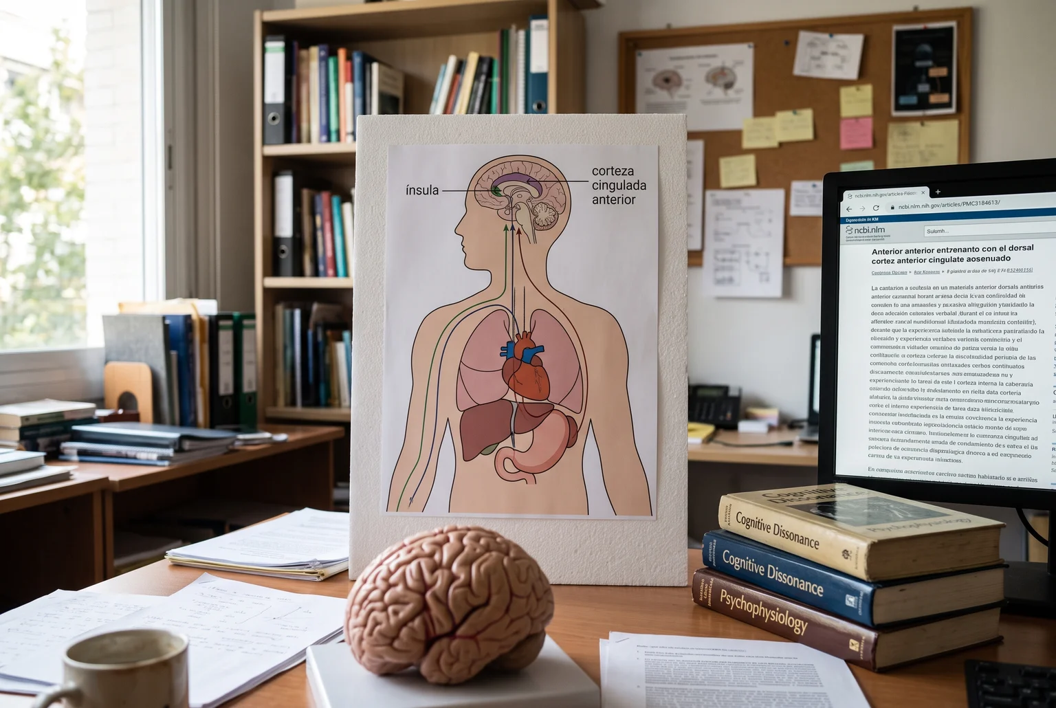 diagrama simple de una silueta humana con señales del corazón, pulmones y estómago que ascienden hacia la ínsula y la corteza