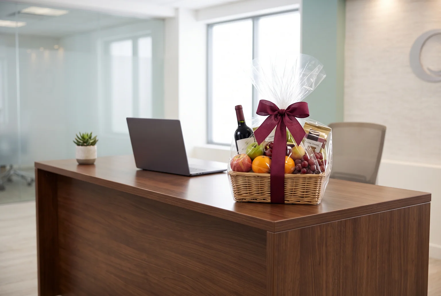 A well-presented wine and fruit hamper at reception says more about your company than any card could.