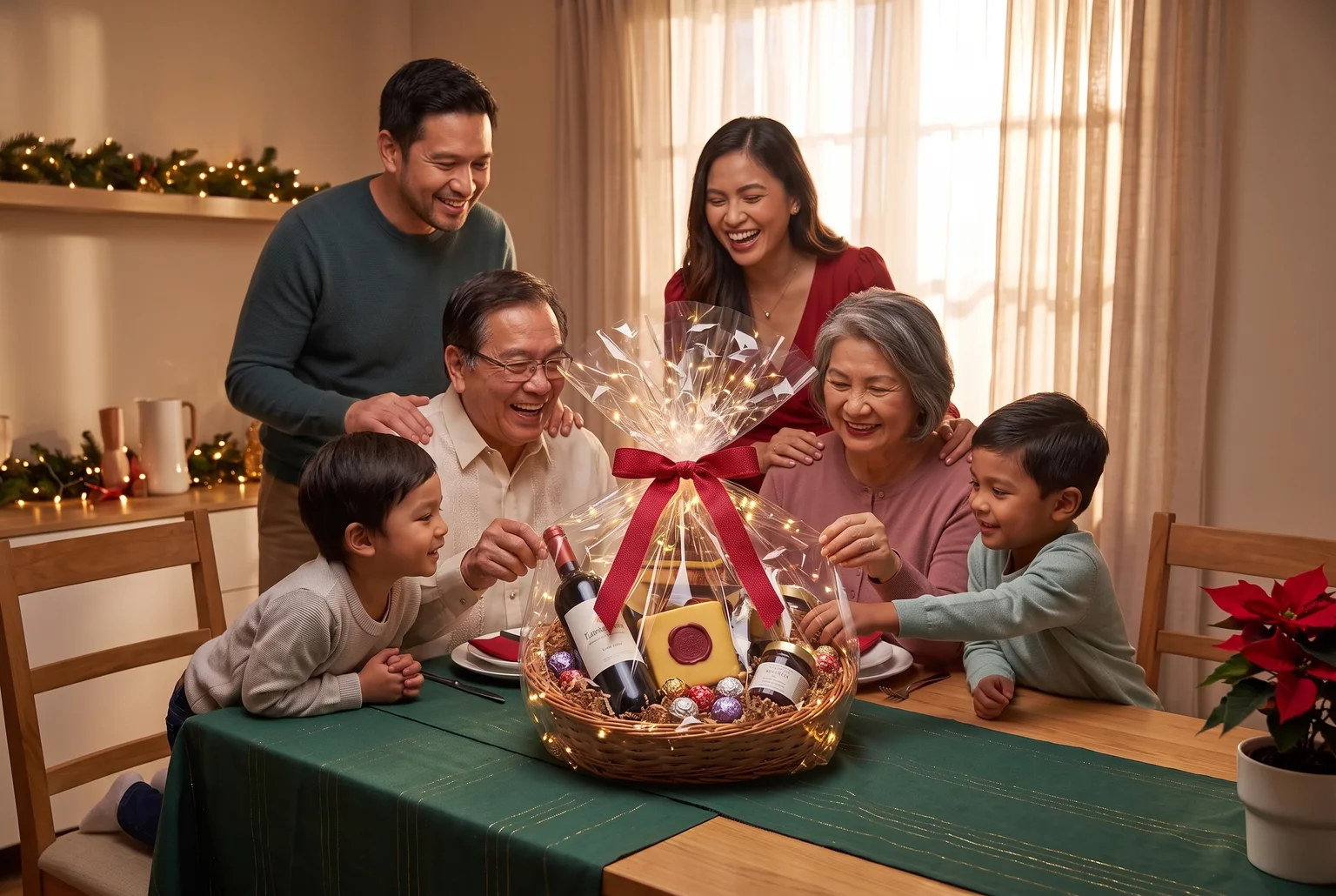 A ribboned basket of wine, cheese, and chocolates turns an ordinary family table into the whole point of the holiday.