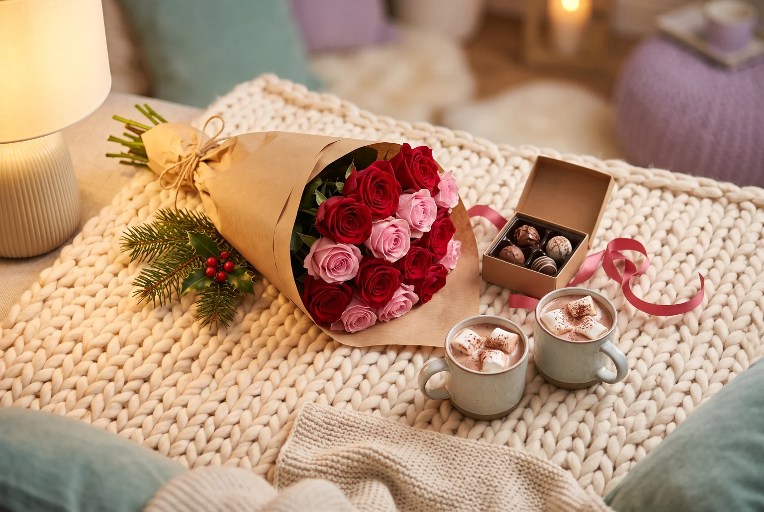 A bouquet, a small chocolate box, and two mugs of hot chocolate are all it takes to make a couch feel like an occasion.