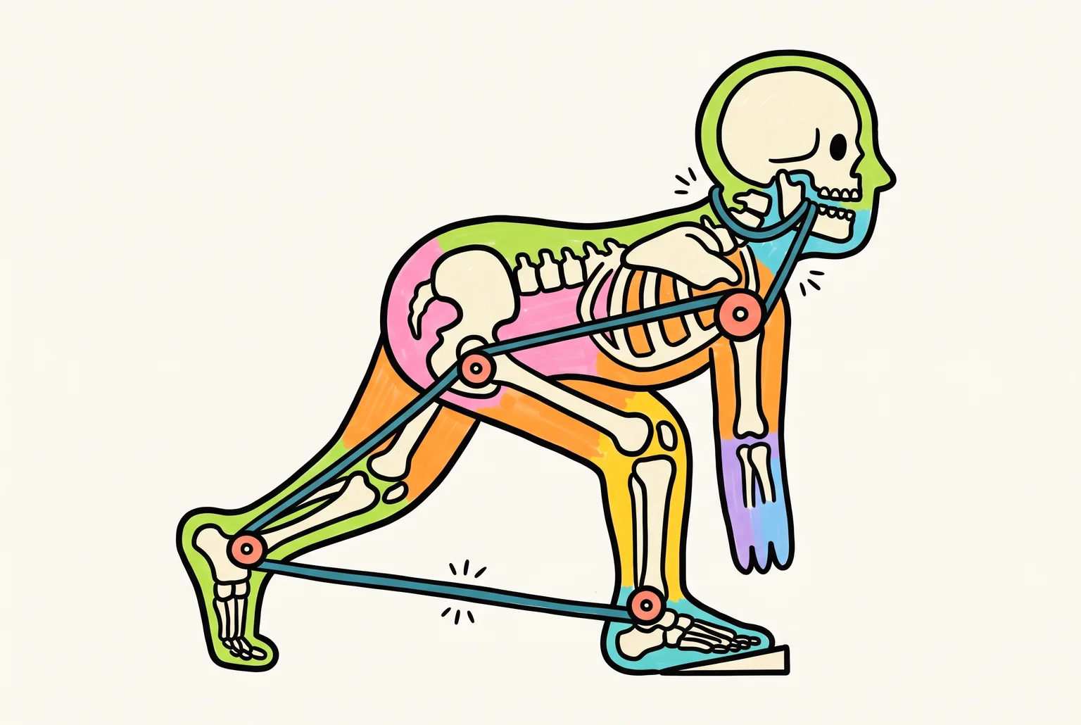 Cuerpo de perfil con huesos, cables y poleas que conectan pie, cadera, columna, cuello y mandíbula.