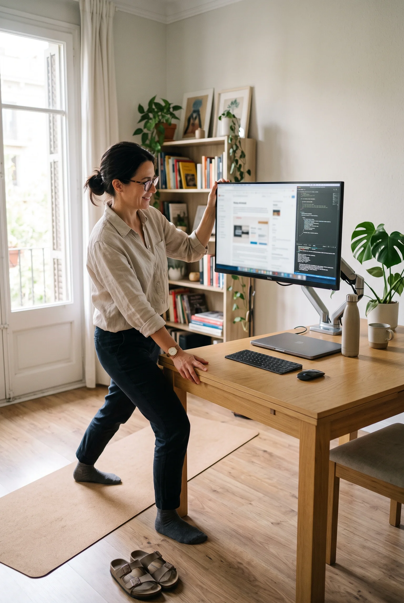 Persona ajusta la altura de un monitor y hace una rotación suave junto a su escritorio.