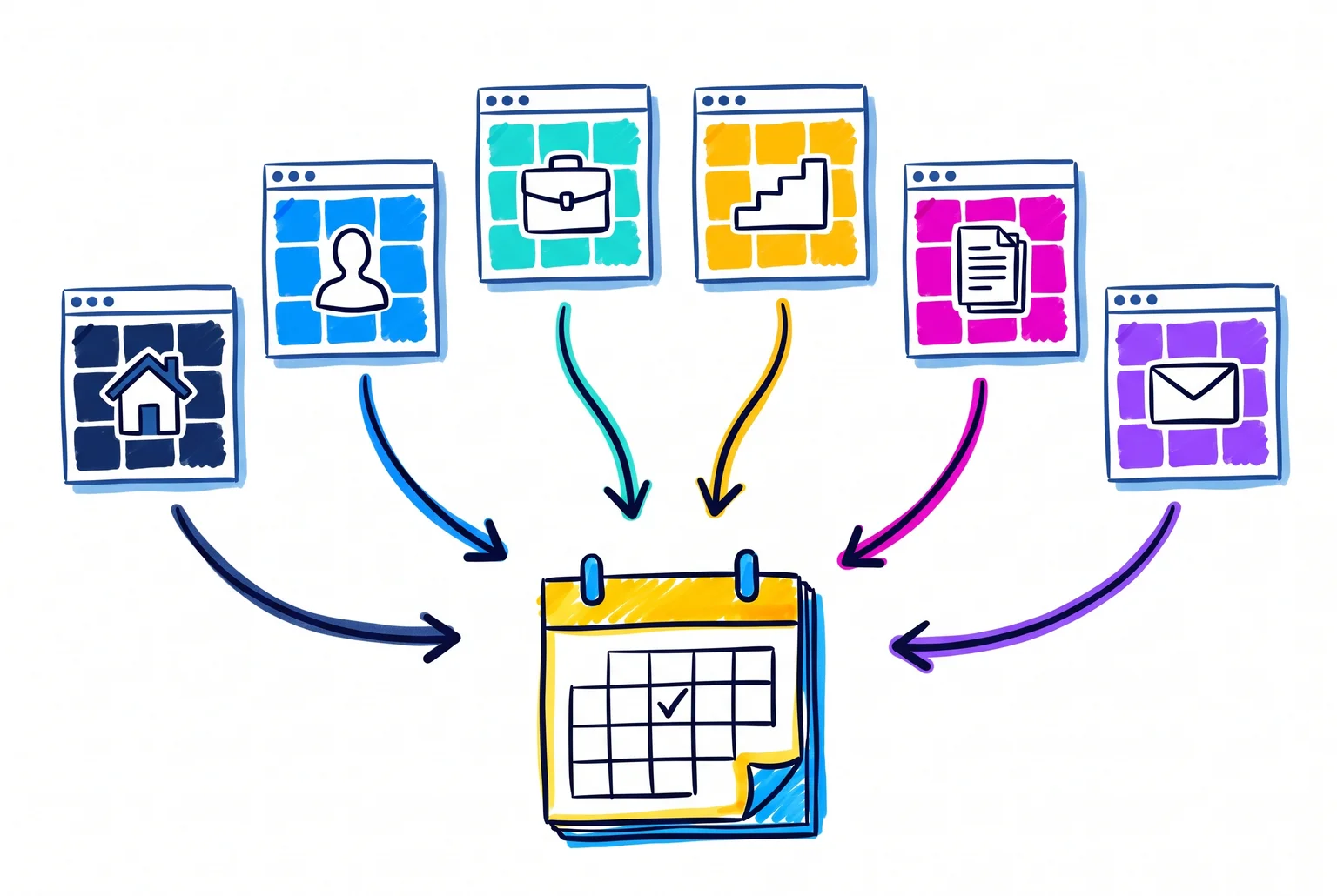 Six hand-drawn page icons each with one arrow leading to a single shared calendar icon