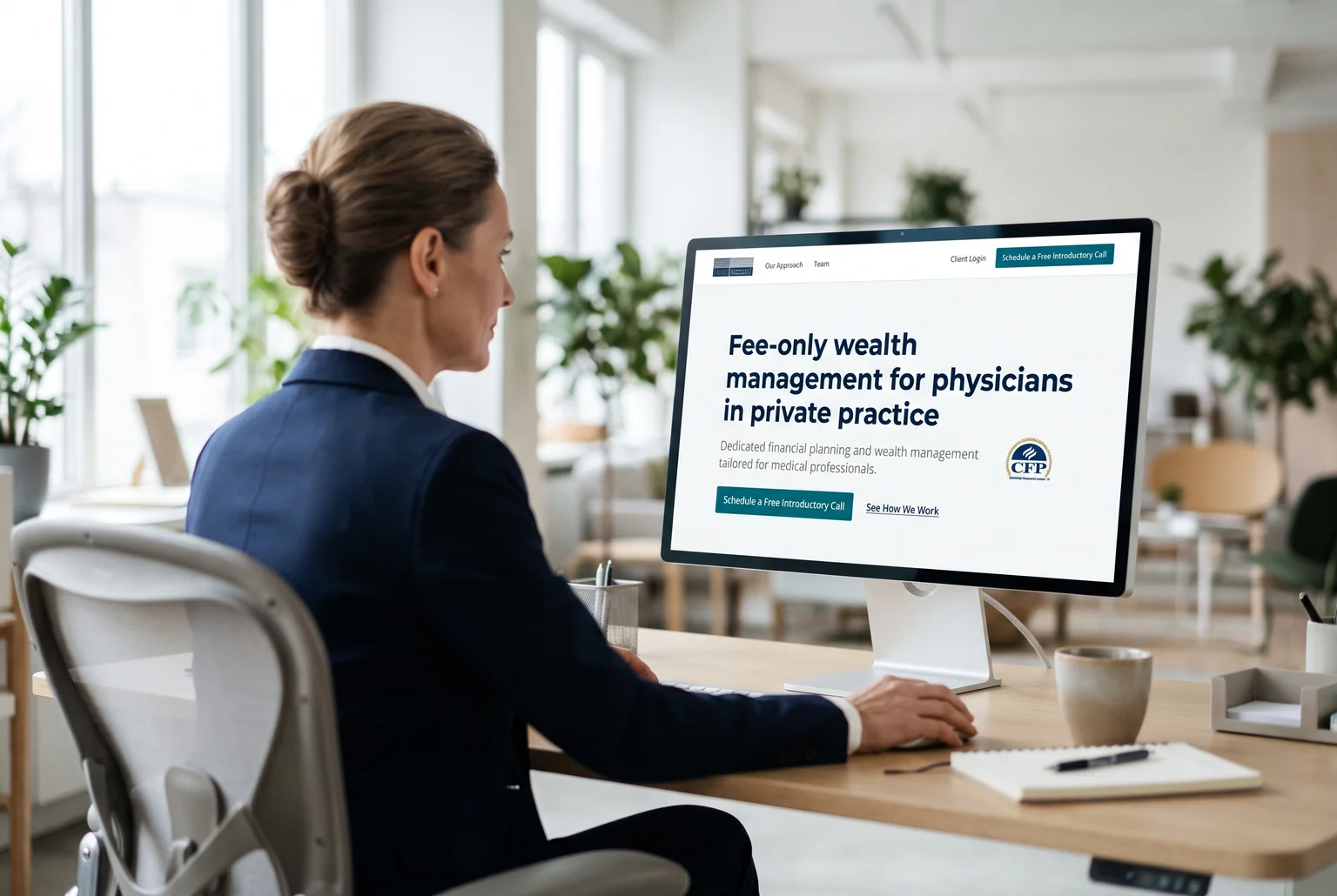 Woman at a desk viewing a monitor with a financial advisor homepage showing a headline, CFP badge, and one teal call button