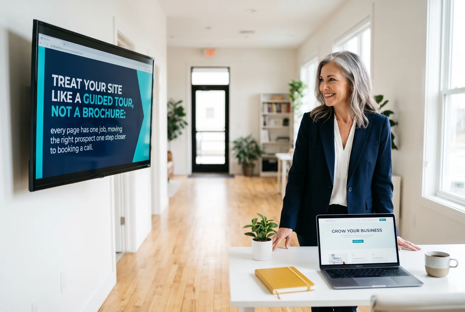 Smiling advisor beside a laptop, with a drawn teal route of six stops crossing the office floor to a glass door