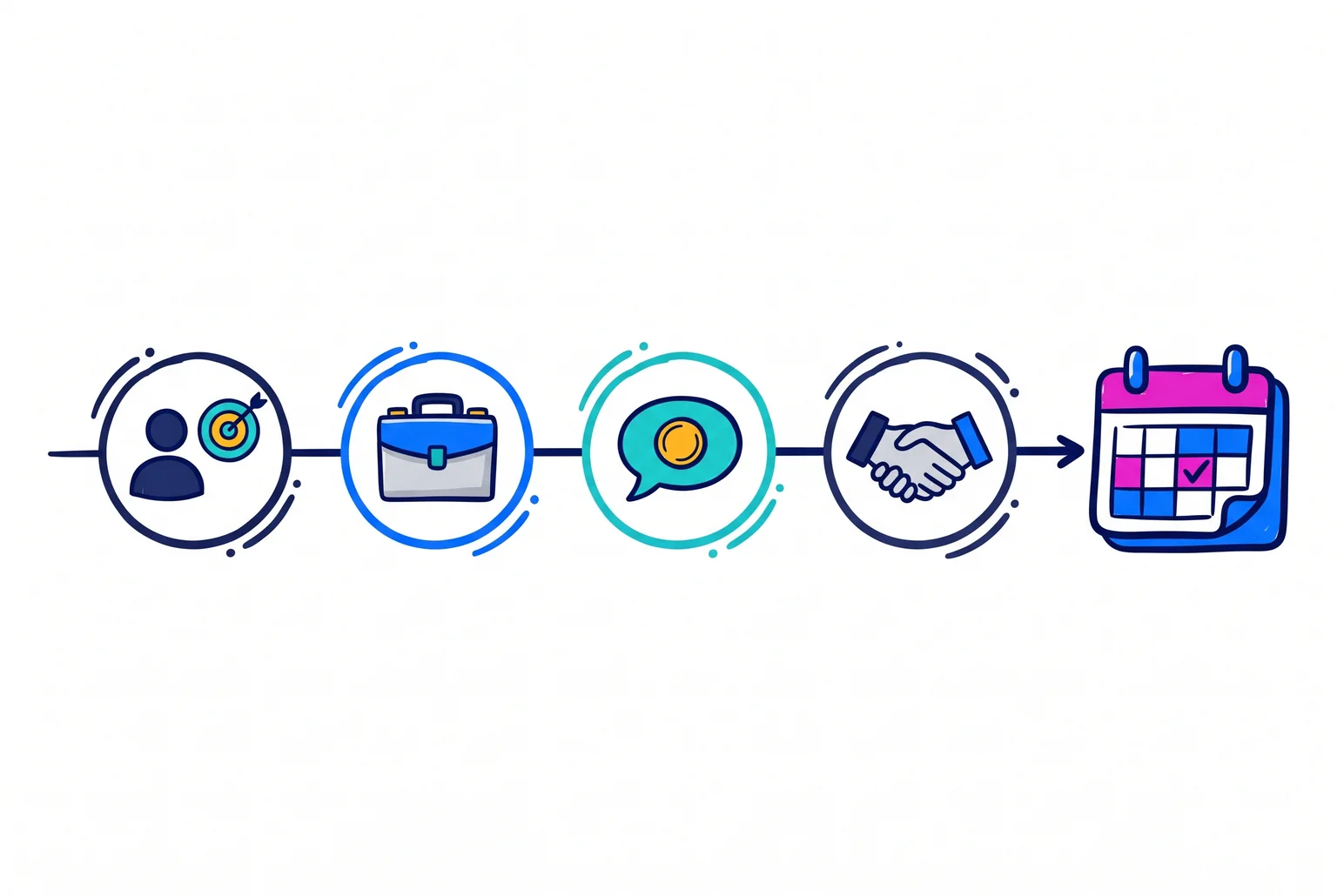 Hand-drawn four-step timeline with icons for review, services, fees talk and handshake, ending in a calendar icon