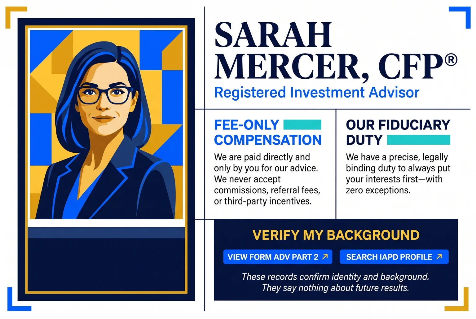 about page mockup with a professional headshot, credential beside the name, and a fee explanation block