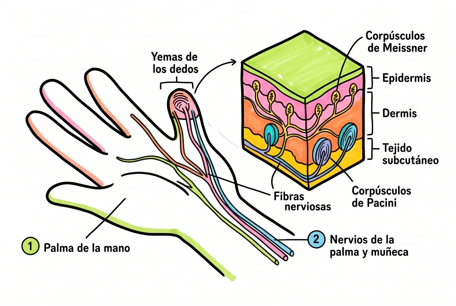 Mano con corte de yemas, receptores Meissner y Pacini y fibras nerviosas hacia la palma.