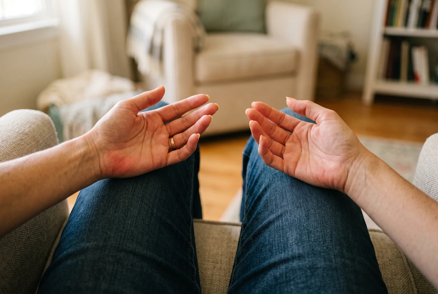 Dos manos abiertas y relajadas sobre las piernas, con las palmas suavemente rosadas bajo luz cálida.