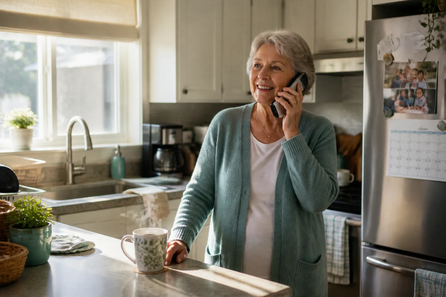 Senior woman smiling while answering a phone call in her sunlit kitchen with tea on the counter