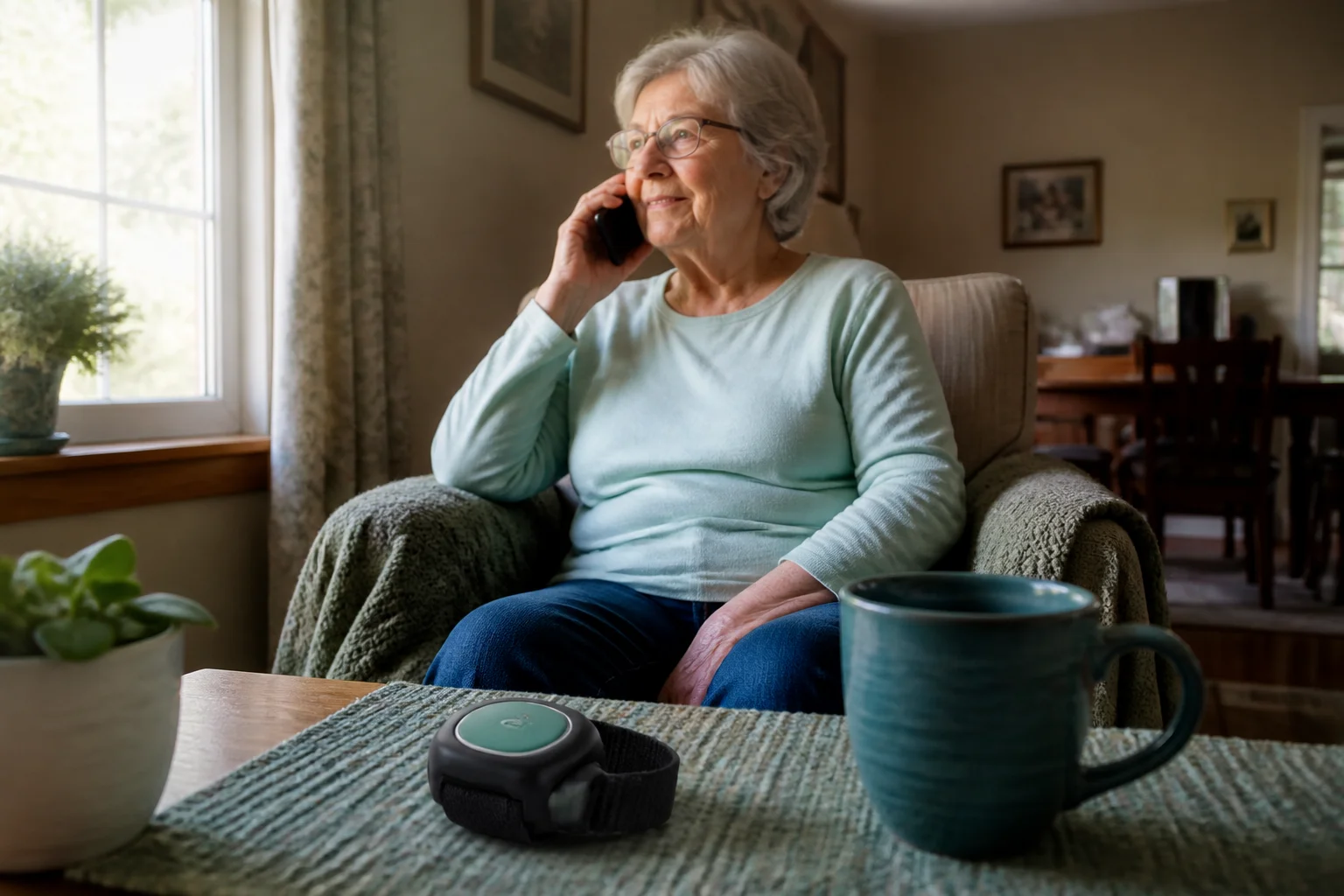 an elderly woman sitting by a window, phone in hand, morning light