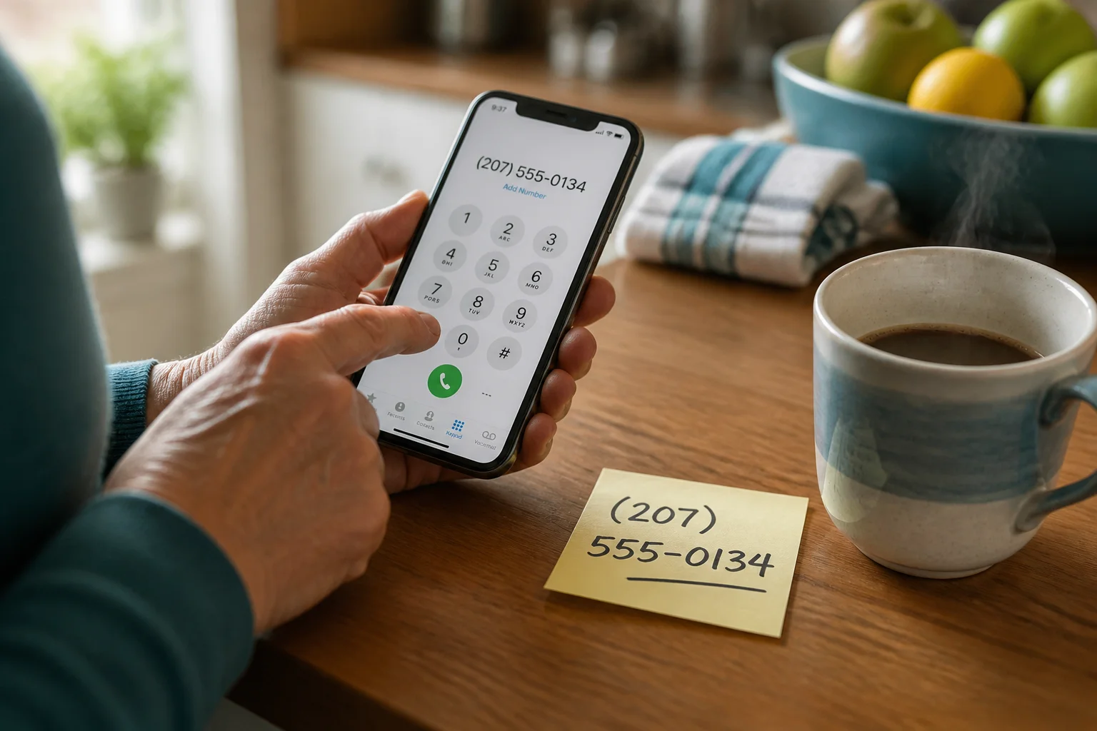 A hand dials a phone number on a smartphone next to a sticky note and a cup of coffee on a kitchen counter.