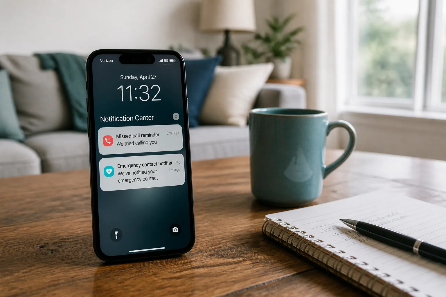 smartphone screen showing a missed call reminder alert followed by a notification labeled emergency contact notified