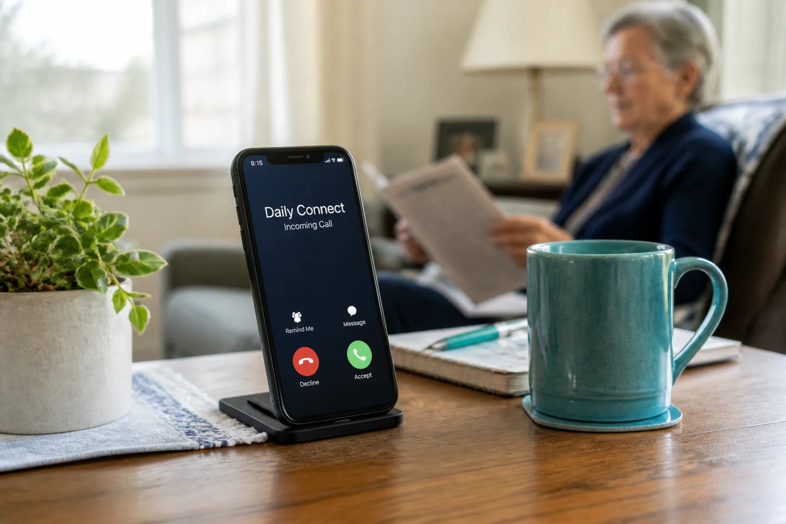 simple phone screen showing an incoming call labeled Daily Connect at a morning hour