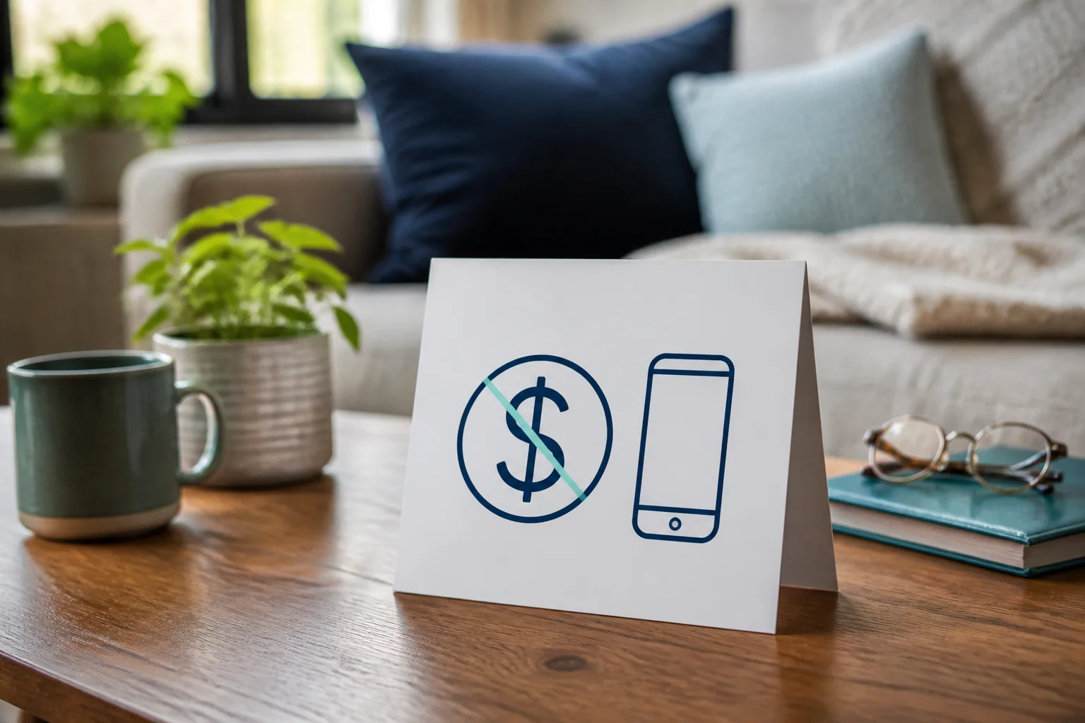 a dollar sign crossed out next to a simple phone icon, clean and minimal