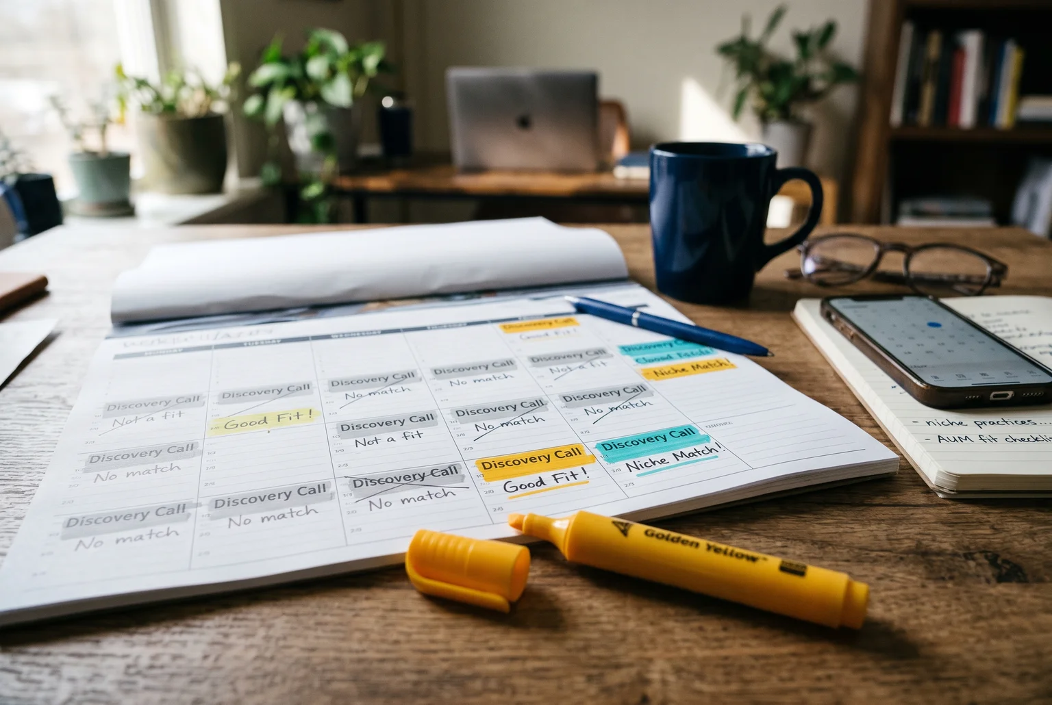 weekly calendar with discovery call blocks, a few highlighted as good fit and most grayed out
