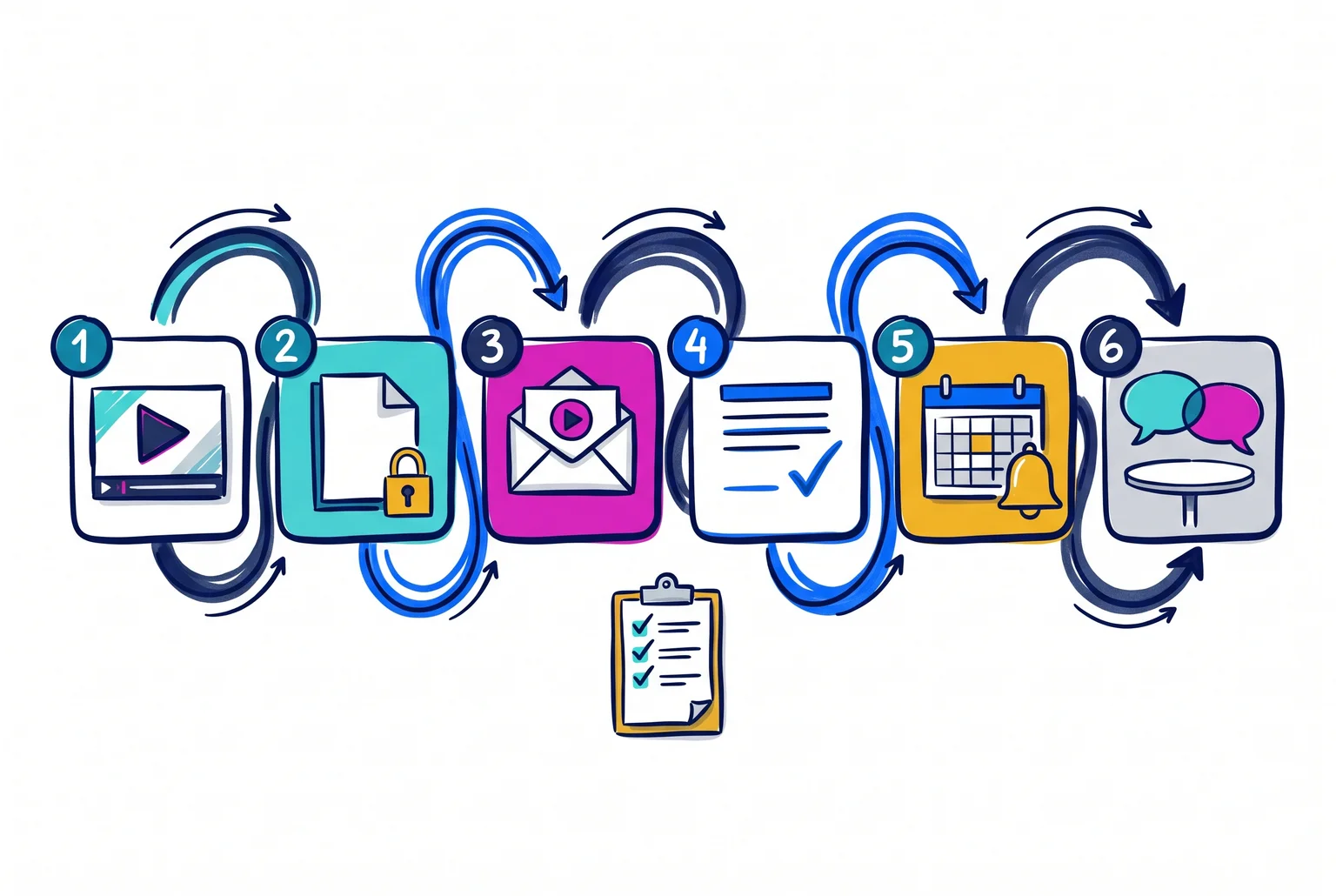 Each step does one job, so prospects arrive at the first meeting informed and already qualified. Six-step hand-drawn path from video thumbnail to guide, email, short form, calendar and meeting, with a checklist below