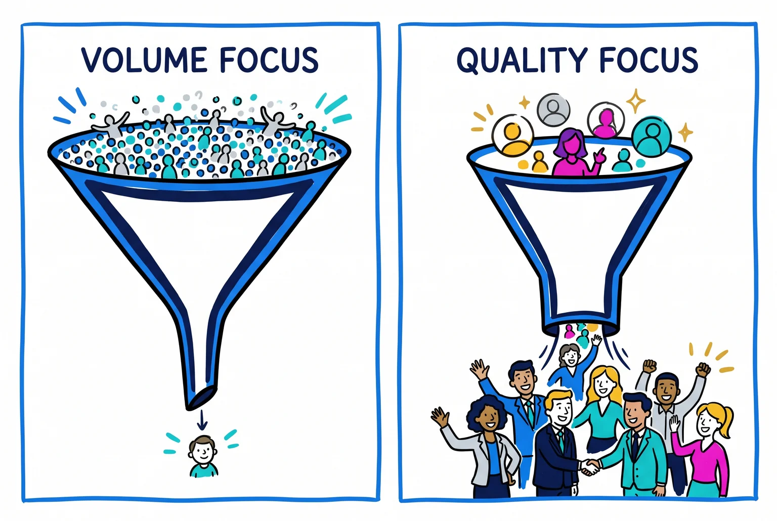 A smaller top of funnel can still produce more clients, but the start is slower and the inquiry count looks thinner. Two funnels side by side: a wide one with many dots yielding few clients, a narrow one with fewer dots yielding more clients