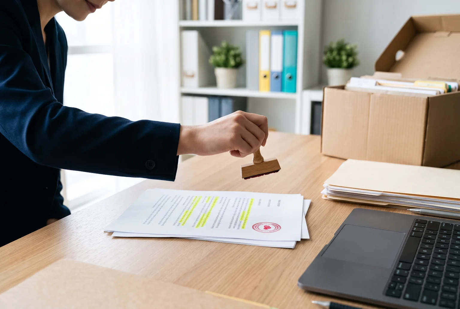 Each video script is its own asset: review it before filming, then keep the approved record where it can be found. Advisor's desk with a stamped, highlighted video script beside an open archive box and folder