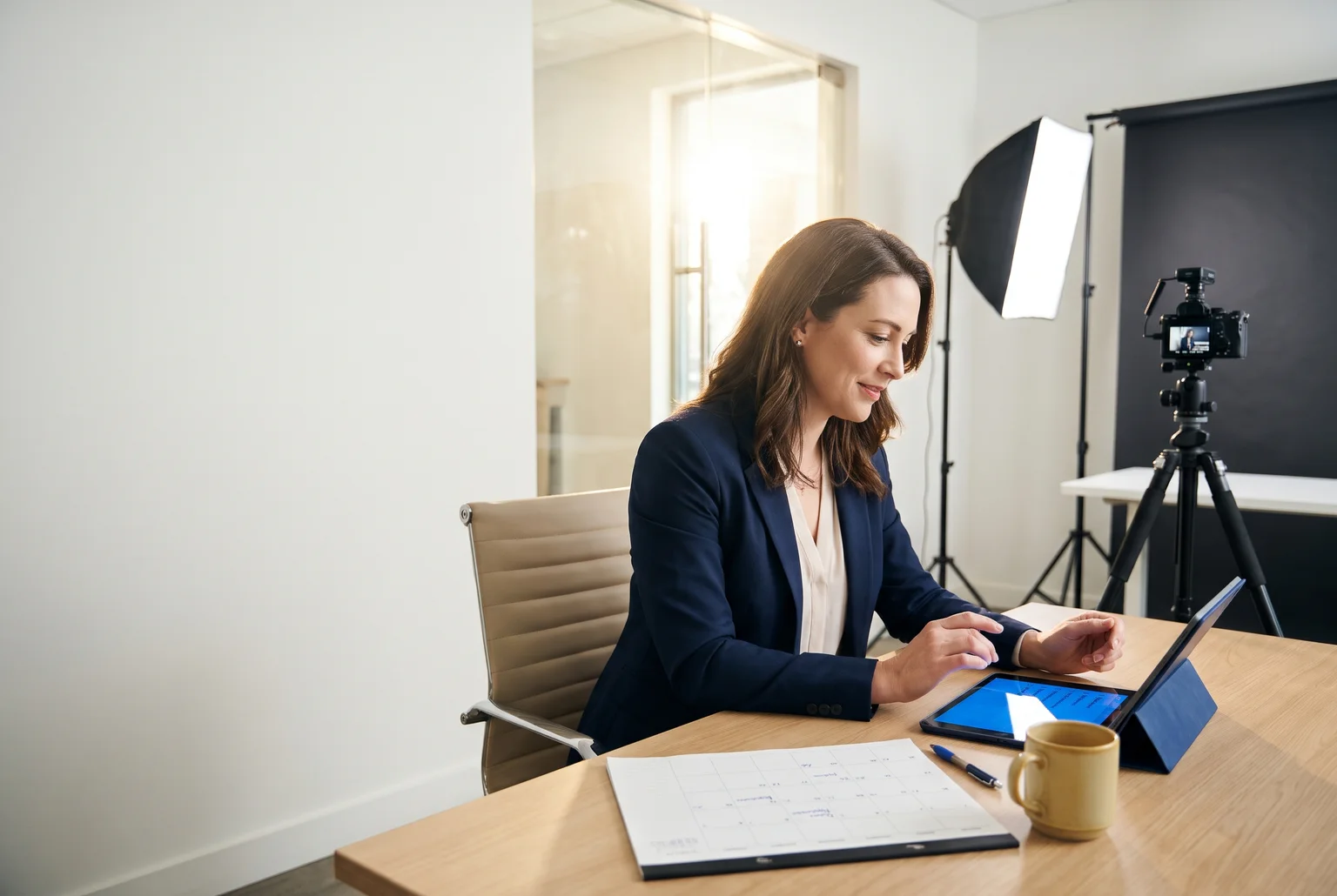 Financial advisor at a tidy desk reviewing a tablet, with a camera on a tripod and softbox light in a studio corner behind