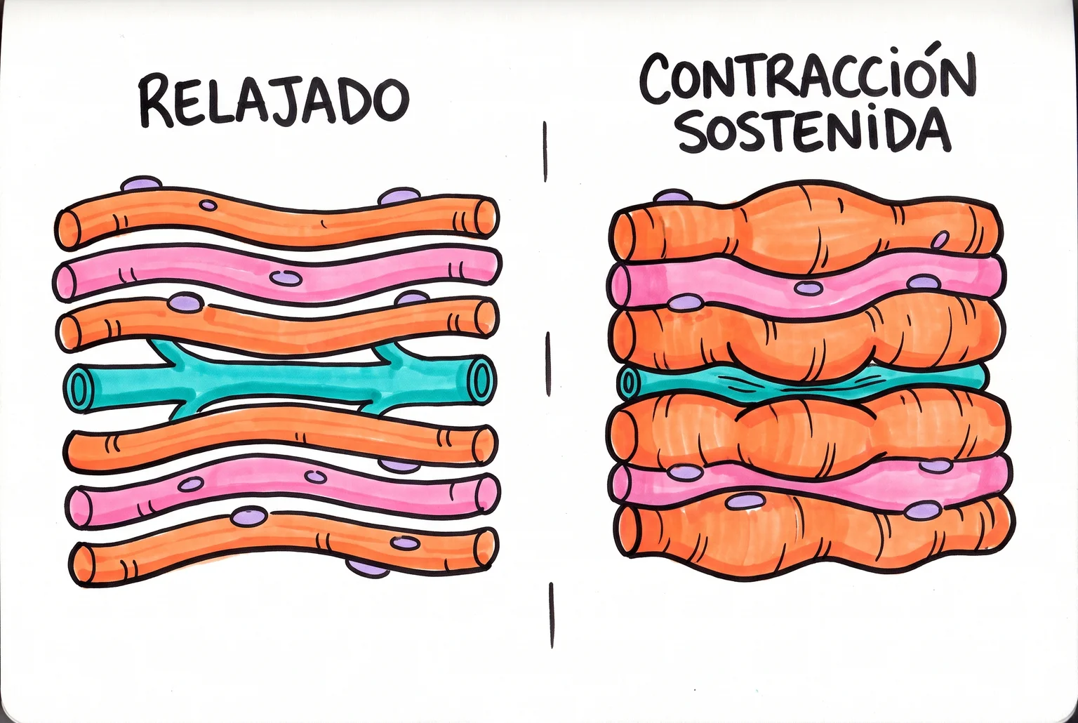 Fibras y vasos en dos estados: «Relajado», con vaso abierto, y «Contracción sostenida», con vaso estrechado.