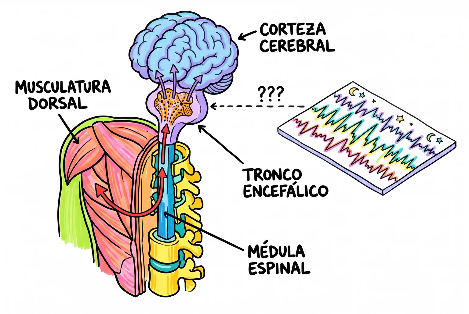 Vía desde músculos dorsales por la médula hasta el tronco y la corteza, junto a ondas de sueño con breves interrupciones.