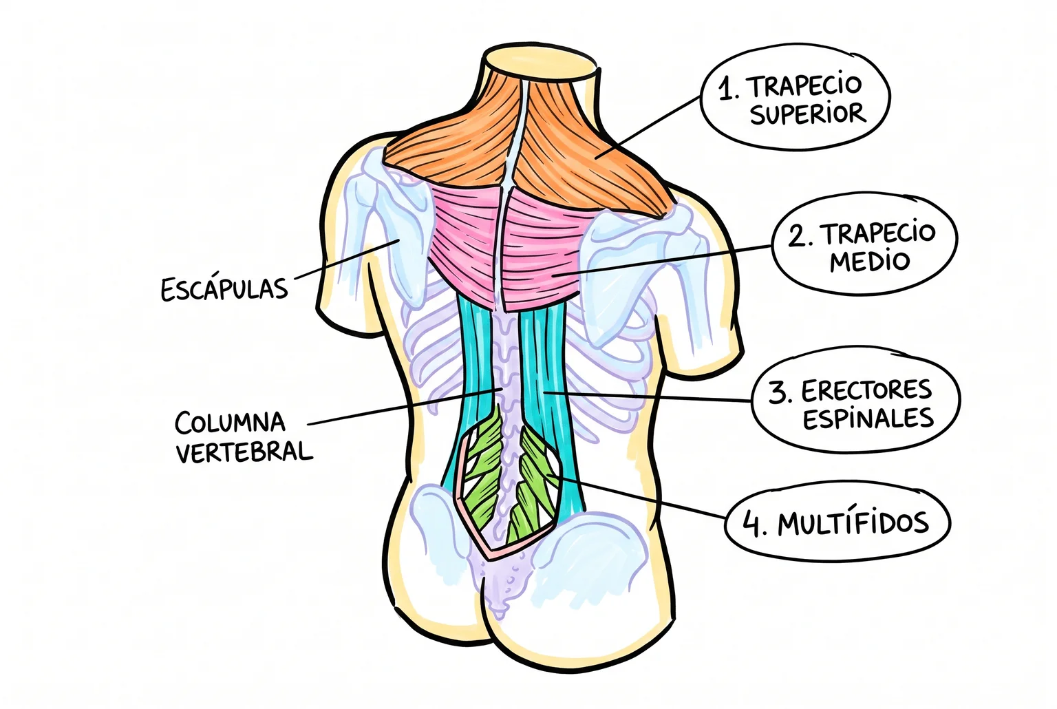 Vista posterior de una mujer ante una computadora con trapecios, erectores espinales y multífidos diferenciados por color.